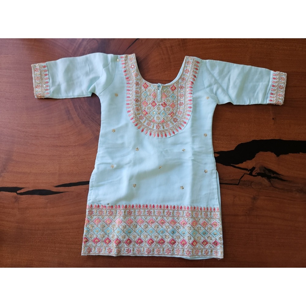 Girl Sky Blue Cotton Sequence Embroidery Kurta, Size 3T, Traditional Dress Tunic